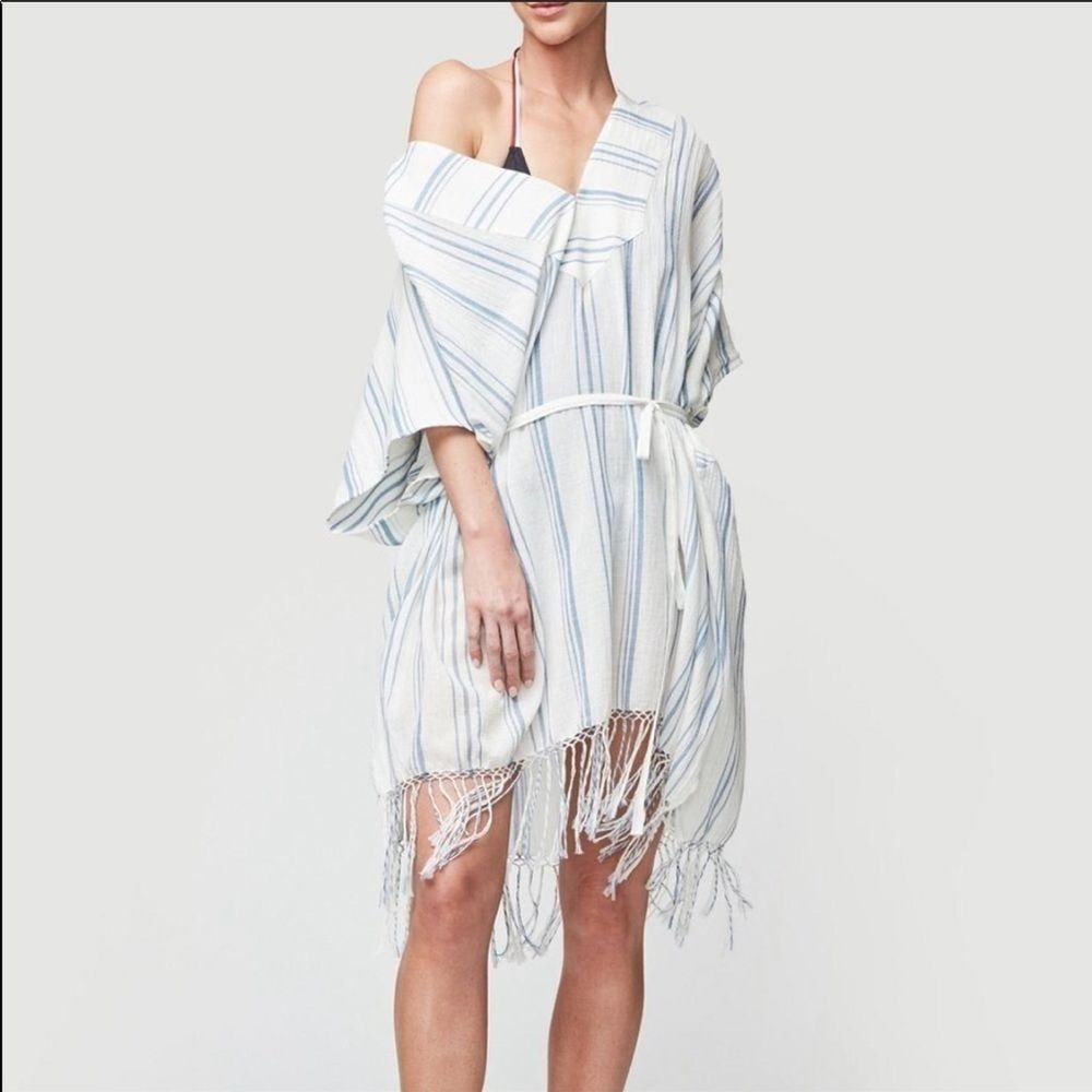 Frame Women's S Blue/ White Striped Cotton Gauze Boho Fringe Cover up Dress